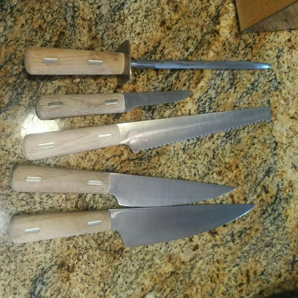 RARE IKEA 5 Wood Handle Knives 6 Piece Set Including Stainless Wood Block